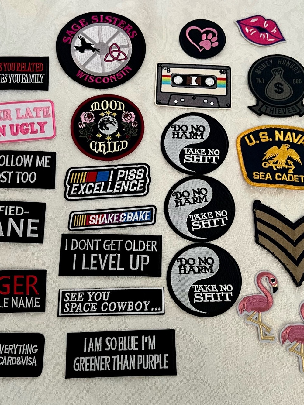 Assorted Iron-On Patches - Black, Pink, White, Gold Accents